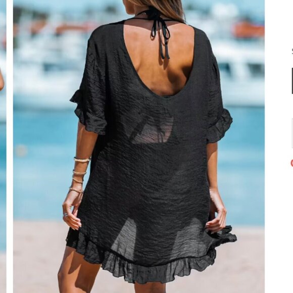 Cupshe NWT Solid Black Ruffled Sheer Swim Beach Pool Cover-Up Dress - Picture 9 of 9